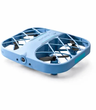 Small blue quadcopter drone with protective frame, ideal for beginners and educational purposes, featuring four propellers and a compact design.