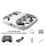 Compact white quadcopter drone with camera, remote control, batteries, and tools, ideal for educational and recreational use.