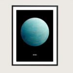 Framed poster of Uranus, the seventh planet in the solar system, showcasing its blue-green appearance against a black background. Perfect for science decor and educational spaces.