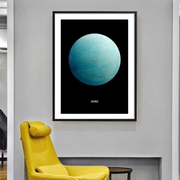 Framed print of Uranus planet artwork hanging on a modern gray wall, with a yellow armchair below, creating a stylish and educational space.