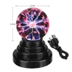 Small 3.3-inch plasma globe with colorful lightning effects on a black base, includes USB power cable, ideal for science experiments and educational demonstrations.