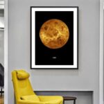 Artistic poster of the moon's surface displayed in a contemporary living room with a yellow armchair and minimalist decor.