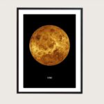 Framed print of the planet Venus, showcasing its surface details with a black background, perfect for science decor and educational spaces.