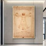 Classic Vitruvian Man sketch by Leonardo da Vinci, illustrating human proportions and anatomy, displayed in a modern gallery setting.