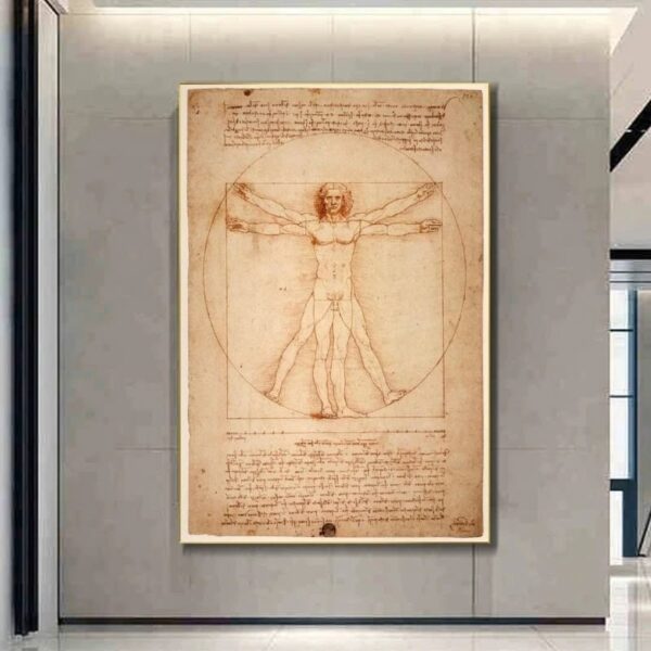Classic Vitruvian Man sketch by Leonardo da Vinci, illustrating human proportions and anatomy, displayed in a modern gallery setting.