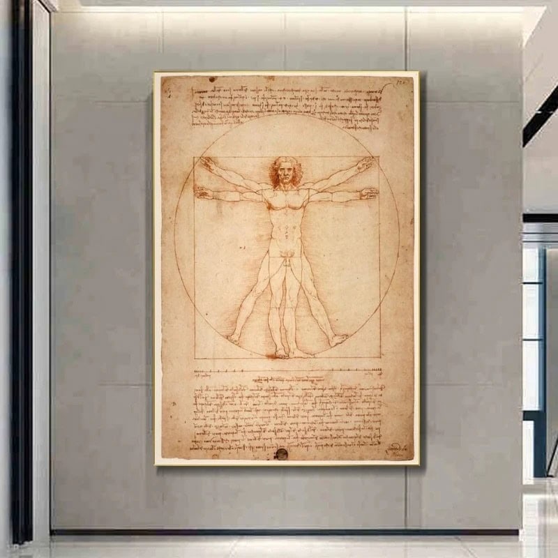 Classic Vitruvian Man sketch by Leonardo da Vinci, illustrating human proportions and anatomy, displayed in a modern gallery setting.