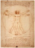Classic sketch of the Vitruvian Man by Leonardo da Vinci illustrating human proportions and anatomy, showcasing detailed anatomical study and artistic mastery.