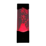 A magnetic lava lamp with red bubbles rising inside a transparent tube, illuminated with red light, on a black base.