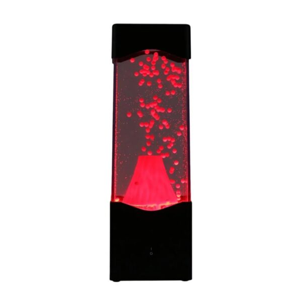 A magnetic lava lamp with red bubbles rising inside a transparent tube, illuminated with red light, on a black base.