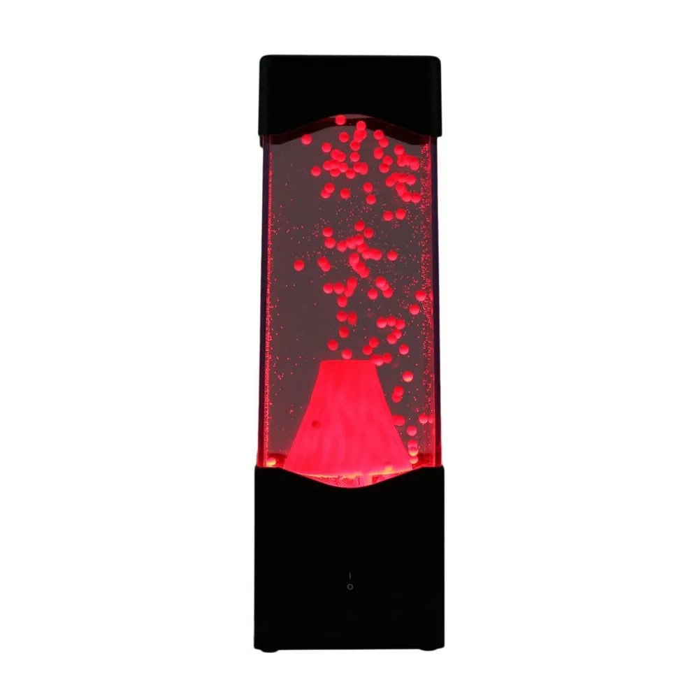 Magnetic Lava Lamp with Red Bubbles A magnetic lava lamp with red bubbles rising inside a transparent tube, illuminated with red light, on a black base.