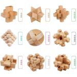 Collection of wooden brain teaser puzzles including interlocking blocks, geometric shapes, and spherical puzzles for educational and recreational use.