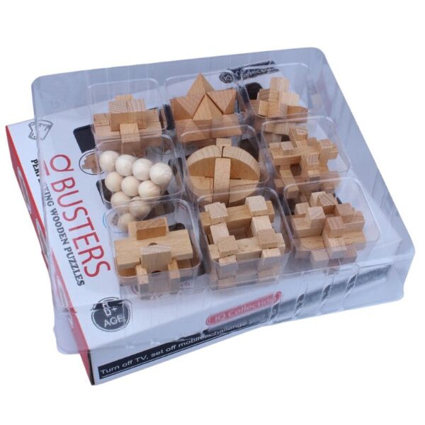 Set of wooden Q-Blocks puzzles with various geometric shapes, perfect for educational and brain-teasing activities for children and adults.