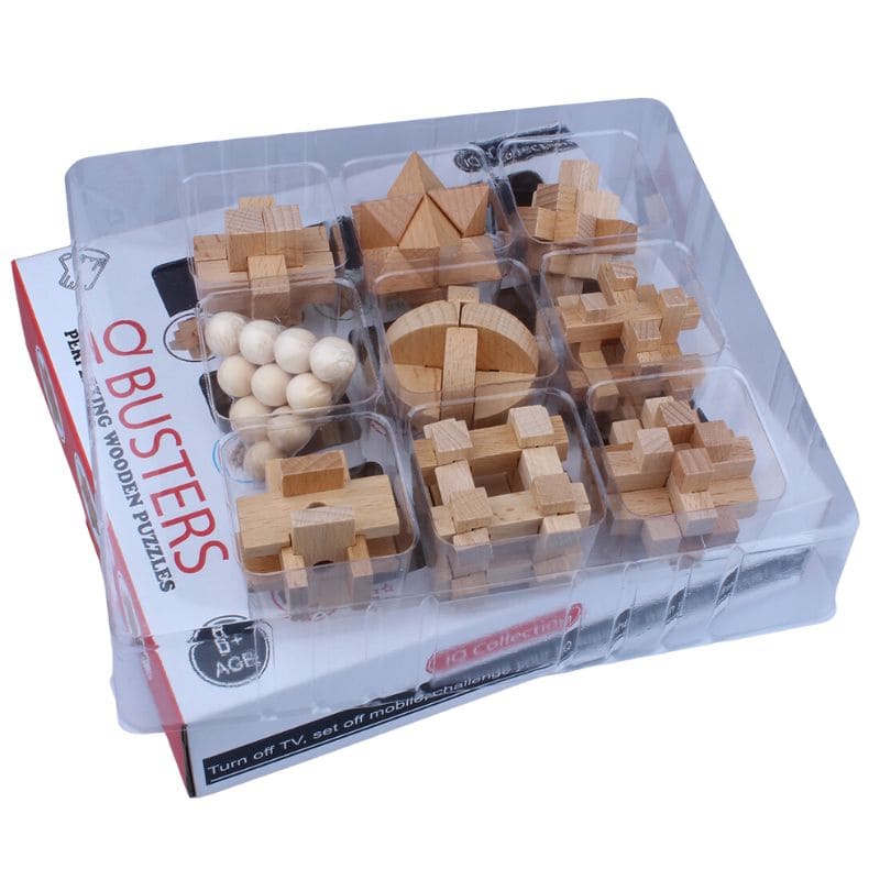Set of wooden Q-Blocks puzzles with various geometric shapes, perfect for educational and brain-teasing activities for children and adults.