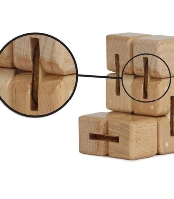 Wooden puzzle blocks with interlocking slots for children’s educational play and development.