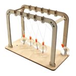Wooden Newton's Cradle with five metal balls for physics experiments and educational demonstrations.