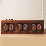 Nixie tube clock displaying the time 10:12:20 with a wooden casing and retro design. Perfect for science enthusiasts and modern decor lovers.
