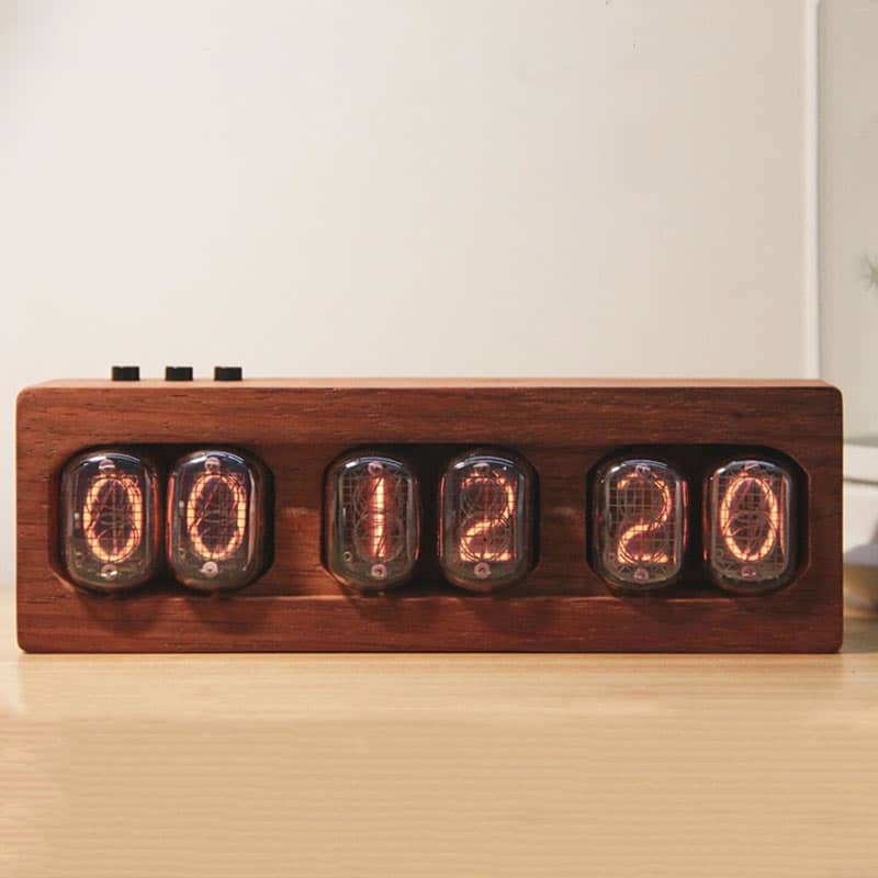 Nixie tube clock displaying the time 10:12:20 with a wooden casing and retro design. Perfect for science enthusiasts and modern decor lovers.