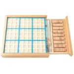 Educational wooden counting and sorting tray with compartments for science experiments and learning activities.