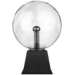 Clear image of a Tesla coil with a glass sphere on top, mounted on a black base, used for science demonstrations and educational purposes.