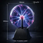 A stunning electric plasma globe with visible lightning-like filaments inside a glass sphere, mounted on a black base, measuring 280mm in height and 185mm in diameter.