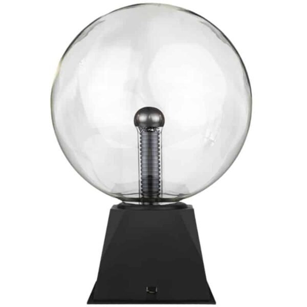 Clear image of a Tesla coil with a glass sphere on top, mounted on a black base, used for science demonstrations and educational purposes.