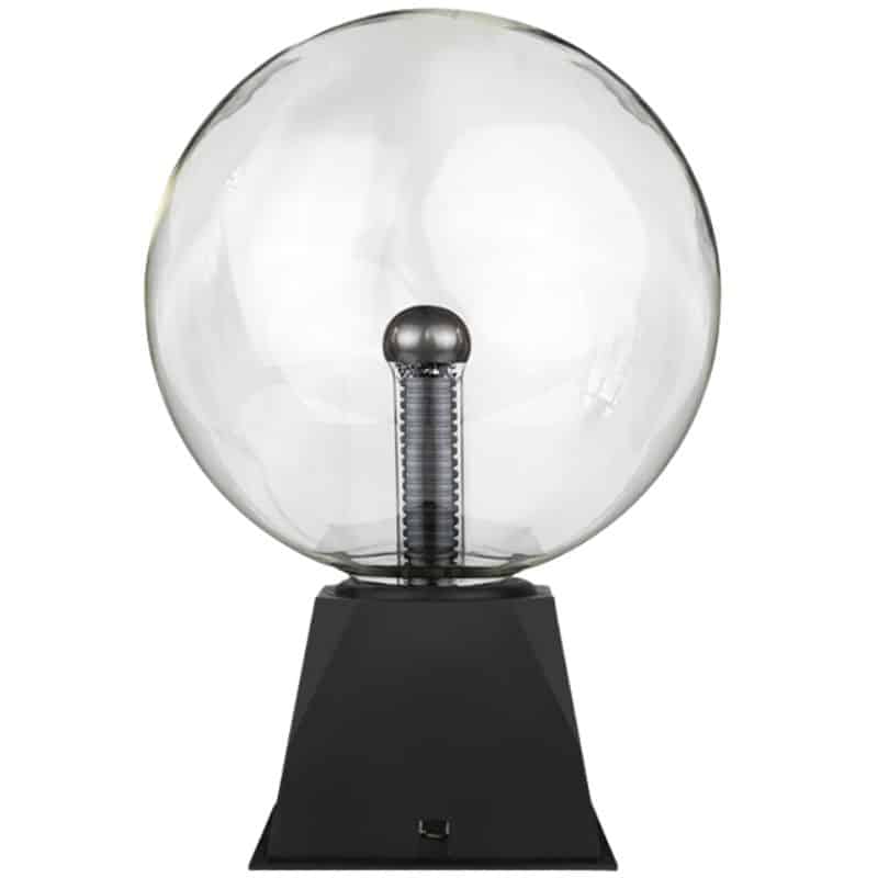 Clear image of a Tesla coil with a glass sphere on top, mounted on a black base, used for science demonstrations and educational purposes.