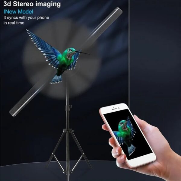 Innovative 3D stereo imaging device that creates a lifelike hummingbird projection, syncing with your phone in real time for an immersive experience.