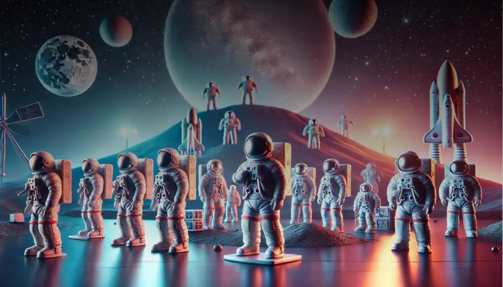 Collection of astronaut figurines and a rocket model set against a cosmic space background with planets and stars, ideal for educational and science-themed decor.
