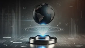 Interactive hologram of Earth floating above a high-tech platform, showcasing advanced technology and digital innovation.