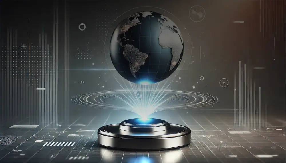 Interactive hologram of Earth floating above a high-tech platform, showcasing advanced technology and digital innovation.