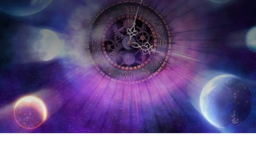Artistic depiction of a cosmic clock with gears and Roman numerals floating in space, surrounded by planets and nebulae, illustrating the concept of time in the universe.