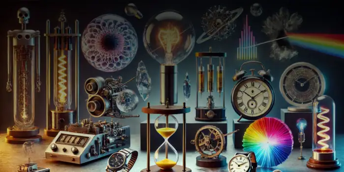 Innovative science gadgets and educational toys displayed on a dark background, featuring colorful experiments, vintage clocks, and scientific instruments for learning and decoration.