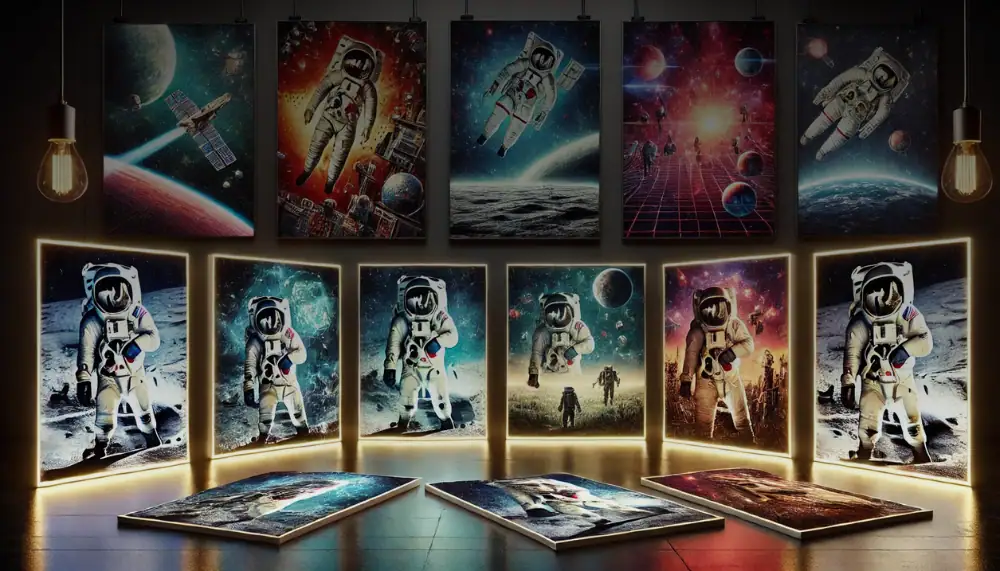 Space-themed artwork featuring astronauts, planets, and cosmic scenes displayed in a gallery setting.