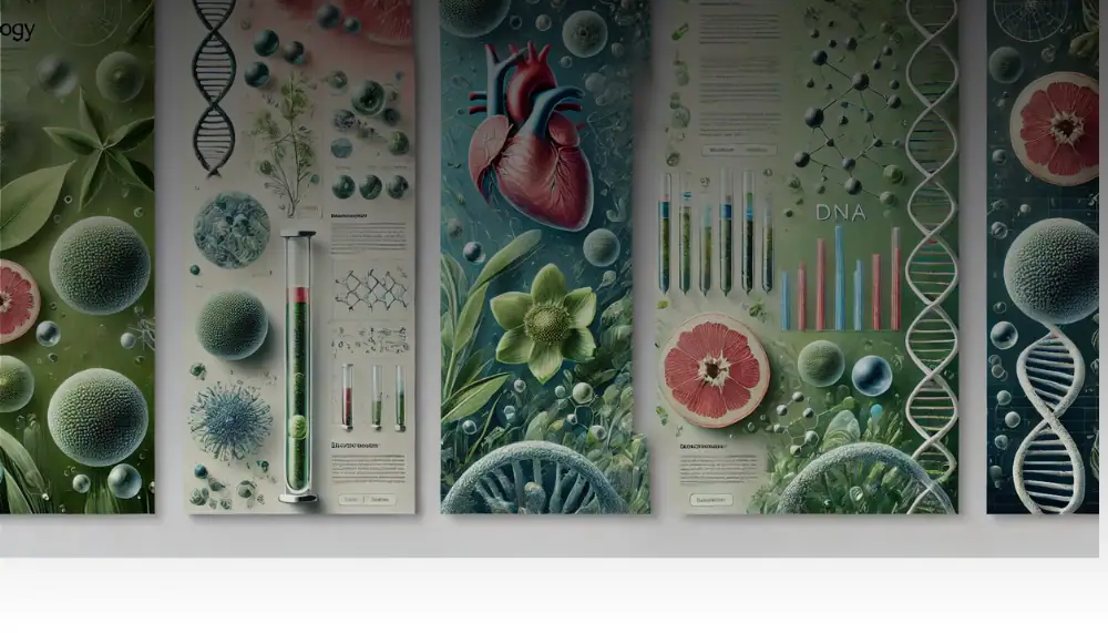 Detailed scientific posters featuring DNA, heart, and cell illustrations for educational purposes.