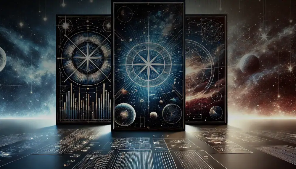 Futuristic space-themed science display with digital planetary and star charts, showcasing advanced astronomical data visualization.