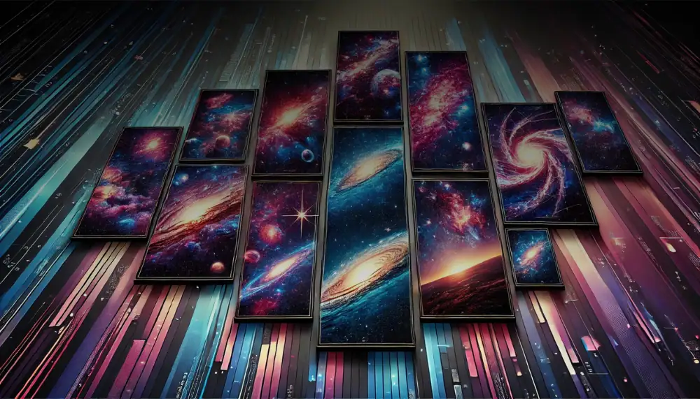 Interconnected smartphone puzzle displaying vibrant galaxy and space images, illustrating the universe's beauty and complexity.