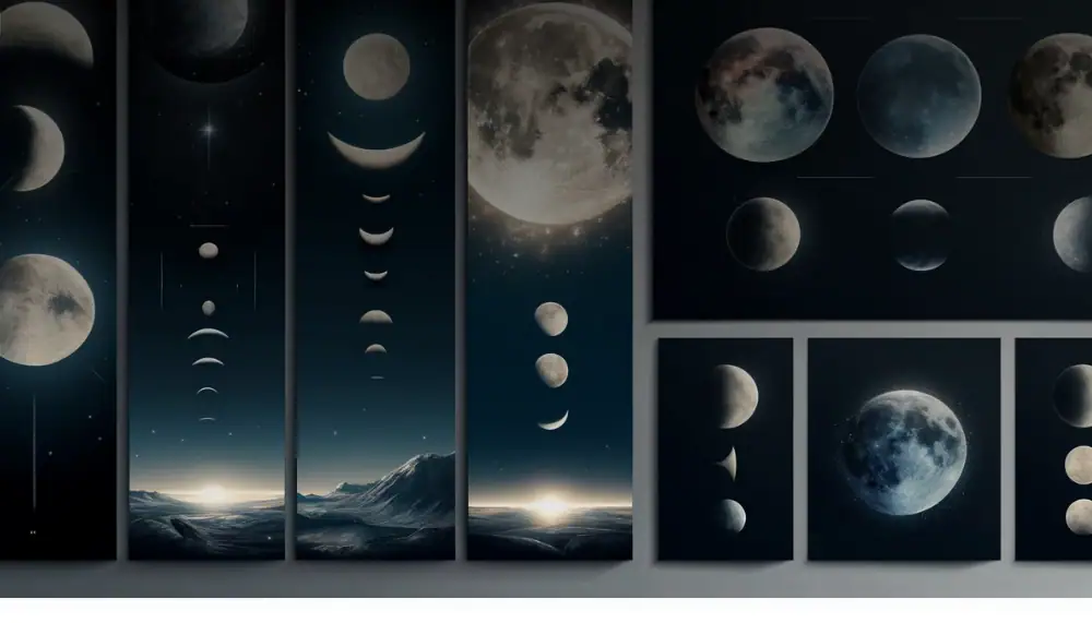 Educational moon phases display showing the different stages of the lunar cycle with detailed images of the moon.
