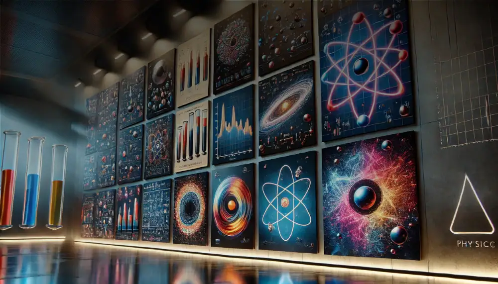 A vibrant display of science-themed wall art featuring colorful images of atoms, galaxies, and scientific diagrams in a modern gallery setting.