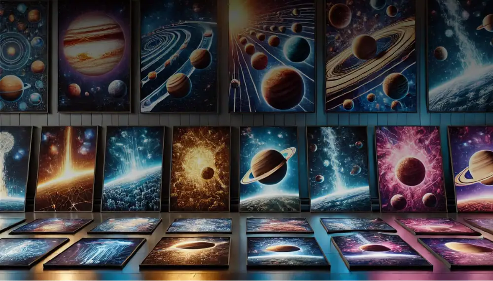 Vibrant space-themed wall art featuring planets, stars, and galaxies for science decor.