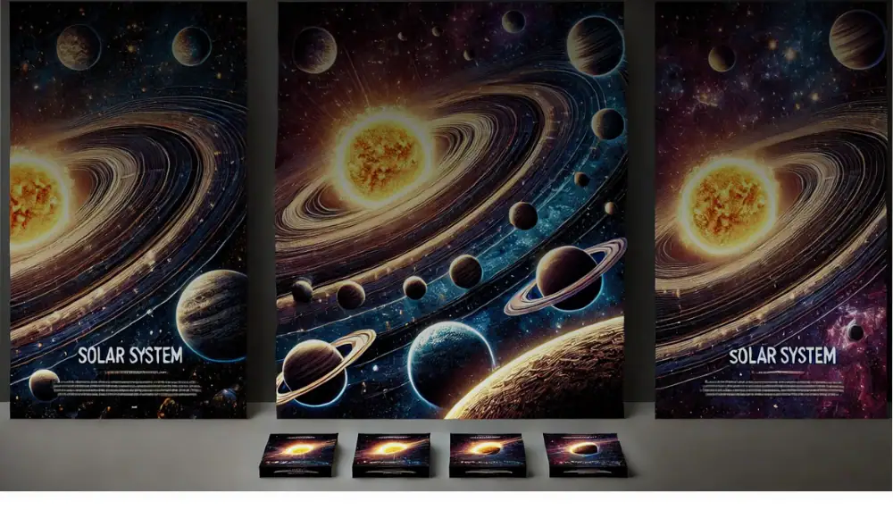 Vibrant solar system poster featuring planets, stars, and cosmic elements, perfect for educational decor and science enthusiasts.