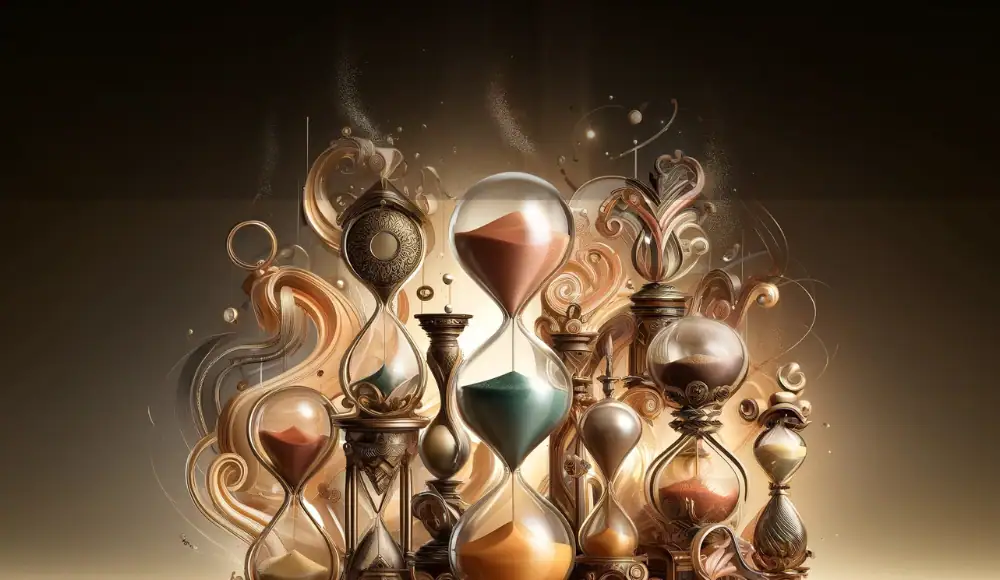 An artistic display of various hourglasses and scientific glassware with swirling smoke and glowing effects, creating a captivating science-themed visual.