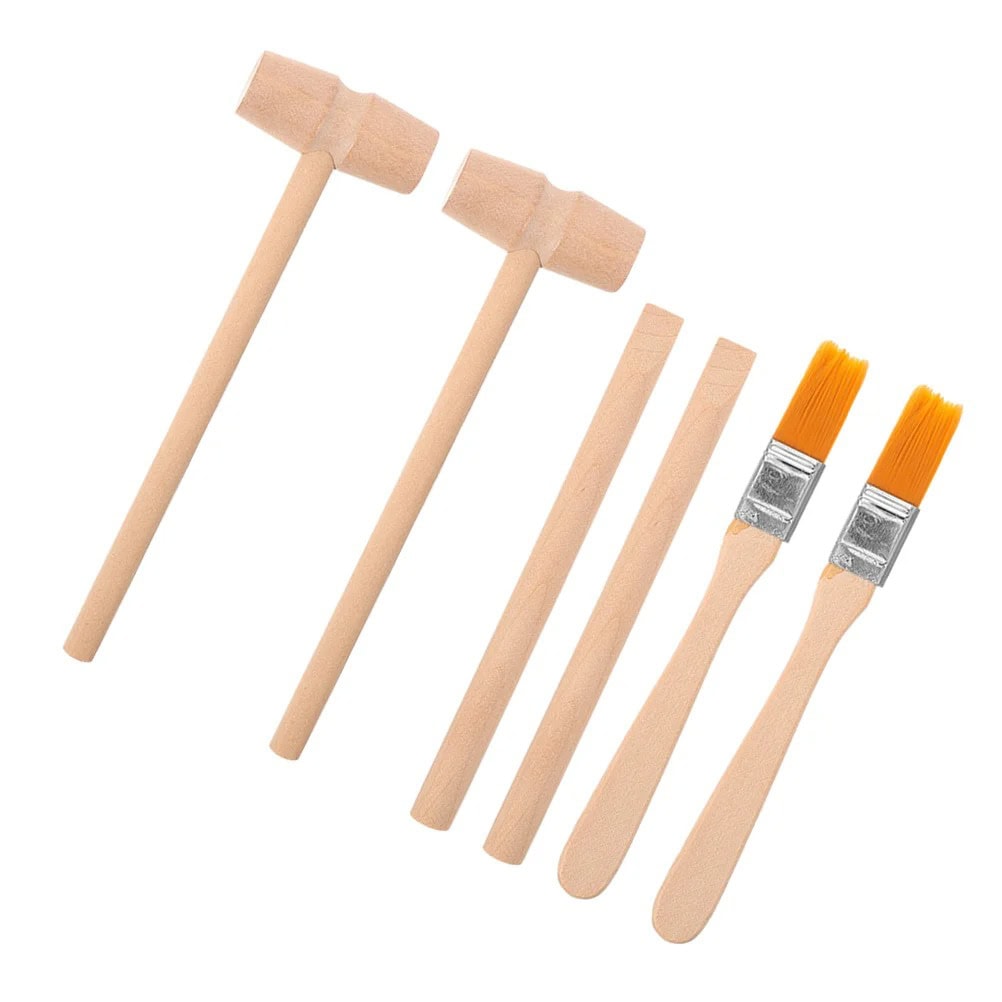 Wooden Toy Hammer and Paintbrush Set for Kids Set of wooden toy hammer and paintbrushes ideal for children's educational and creative play activities. Safe, durable, and perfect for science-themed decor or learning projects.