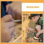 Child excavating a wooden dinosaur fossil with a small tool, engaging in a hands-on educational activity outdoors.