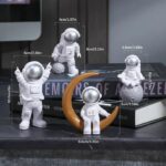Astronaut figurines with different poses and sizes, including one with a crescent moon, designed for science decor and learning toys.