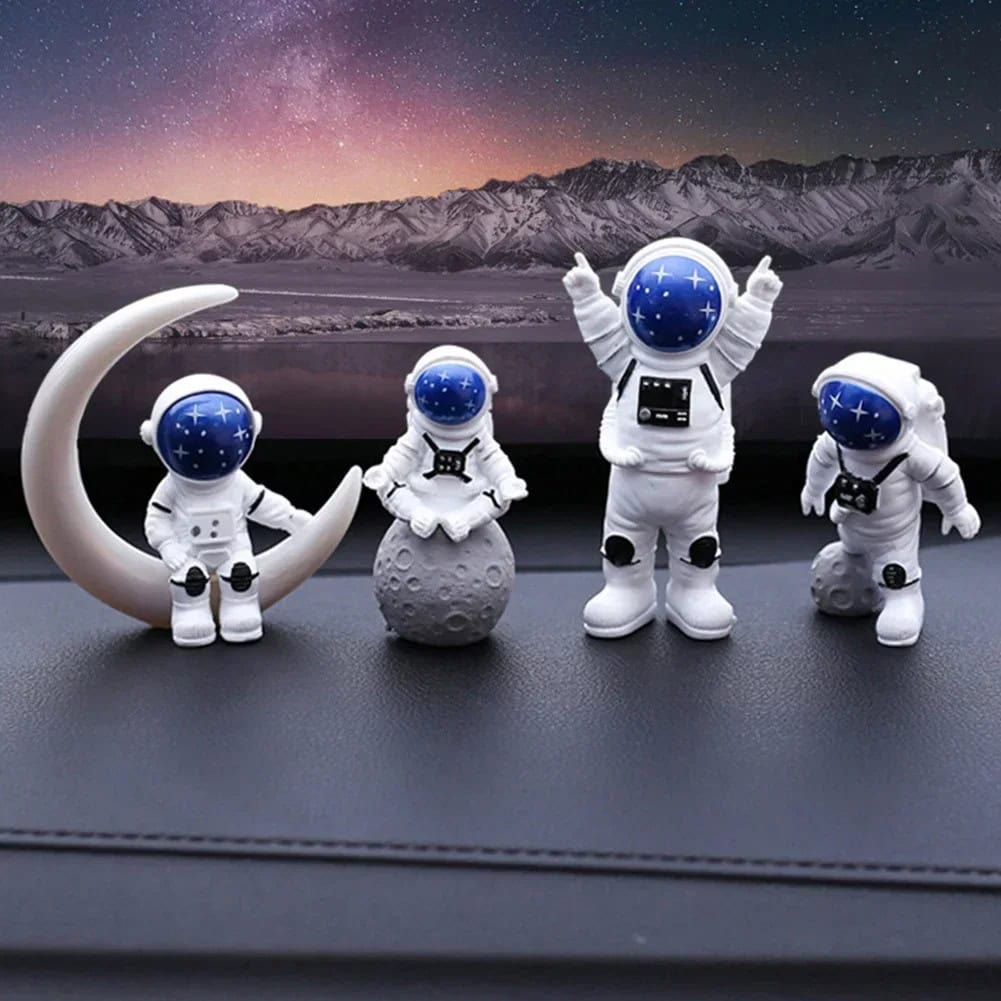 Space-themed astronaut figurines with celestial backgrounds and moon props, perfect for science decor and educational toys. Astronaut figurines with space helmets and moon props set against a starry night sky, ideal for science decor and educational toys.