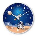 Colorful space-themed wall clock featuring an astronaut, planets, and stars, perfect for science decor and educational settings.