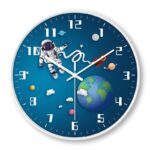 Colorful space-themed wall clock featuring an astronaut, planets, and stars, perfect for science decor and educational settings.