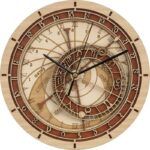 Elegant wooden spiral clock featuring multiple dials, Roman numerals, and intricate design elements for a vintage scientific aesthetic.