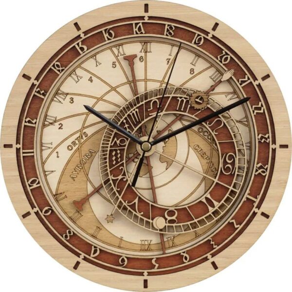 Elegant wooden spiral clock featuring multiple dials, Roman numerals, and intricate design elements for a vintage scientific aesthetic.