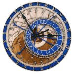 An intricate astronomical wall clock featuring zodiac signs, celestial symbols, and detailed time markings, perfect for science enthusiasts and educational decor.